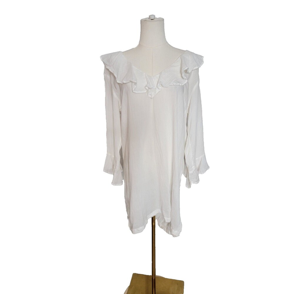 Lauren Ralph Lauren White Cotton Ruffle Tunic Top Women’s M Boho Romantic Cotta
